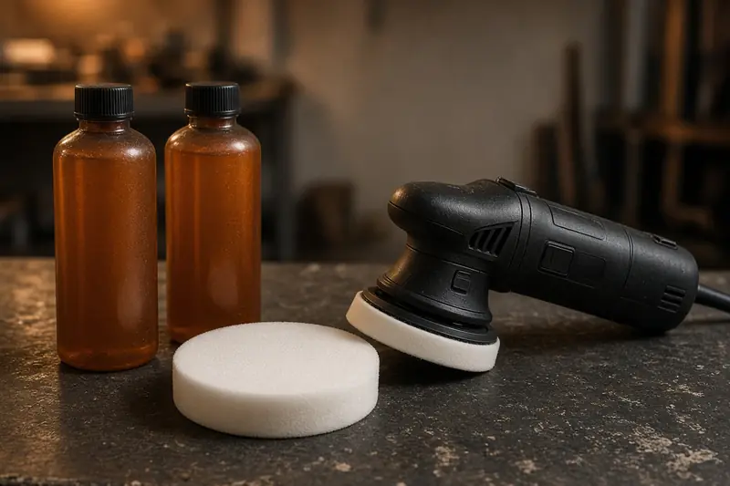 Unlabeled polish bottles and a foam pad