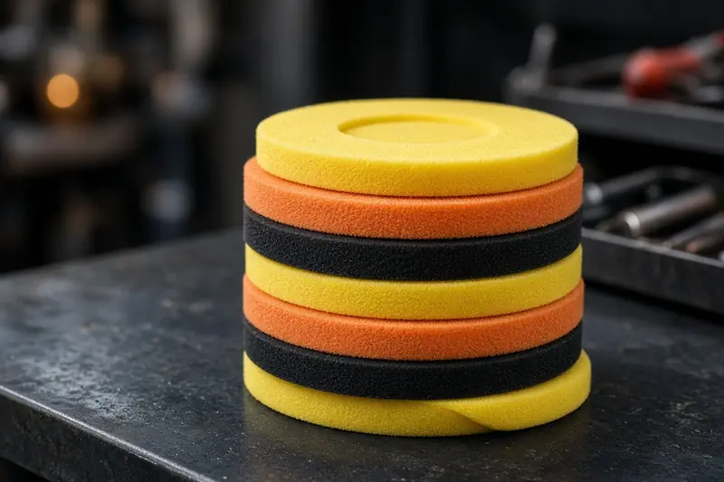 Foam polishing pads stacked on a bench
