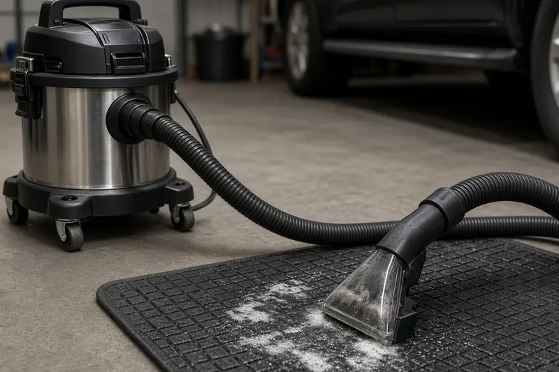 A shop vacuum beside a car interior