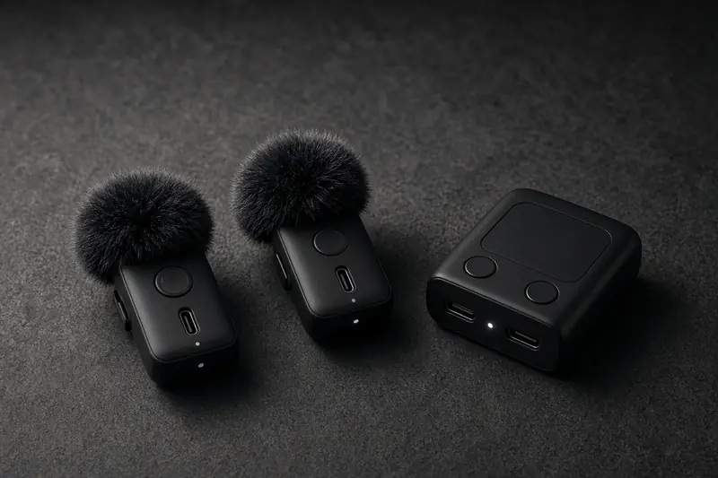 A pair of compact wireless microphones