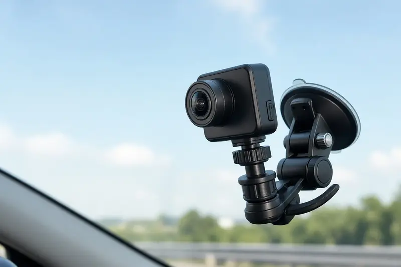 A suction mount holding a camera on glass